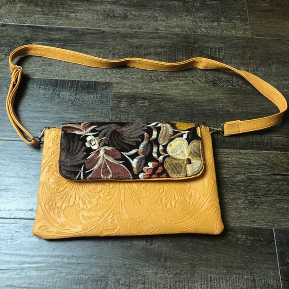 Mustard Floral Embroidered Crossbody Bag Purse